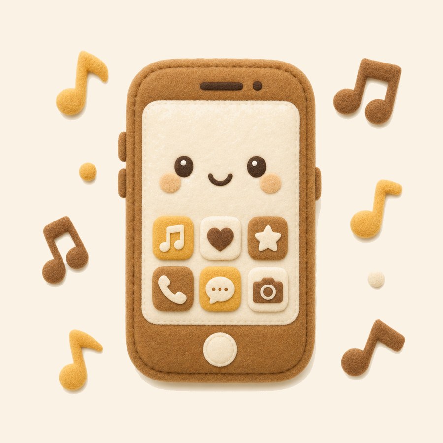 Celular de fieltro con notas musicales flotando