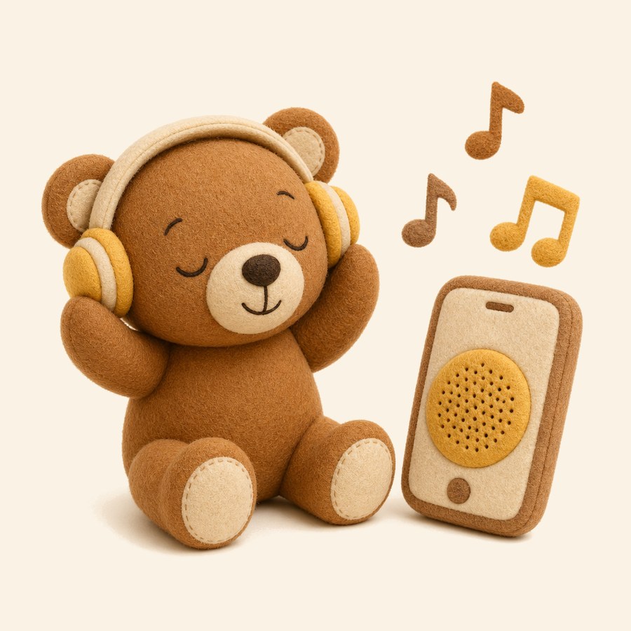 Osito escuchando música desde un parlante de celular