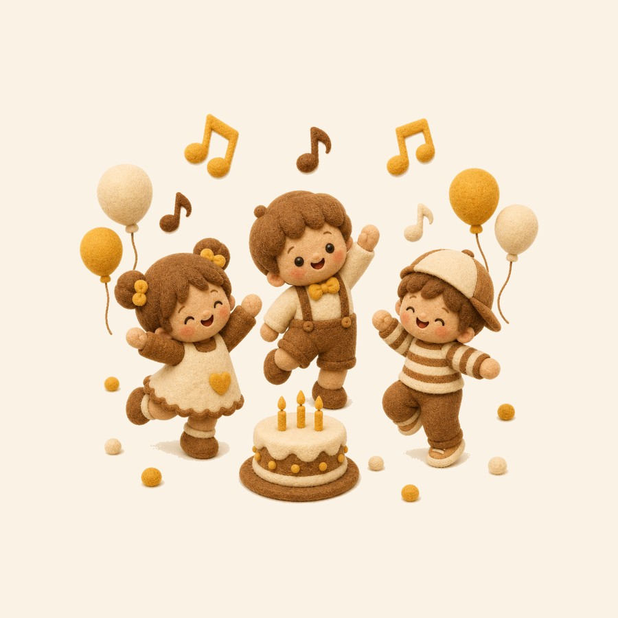 Niños bailando en una fiesta infantil con pastel y notas musicales