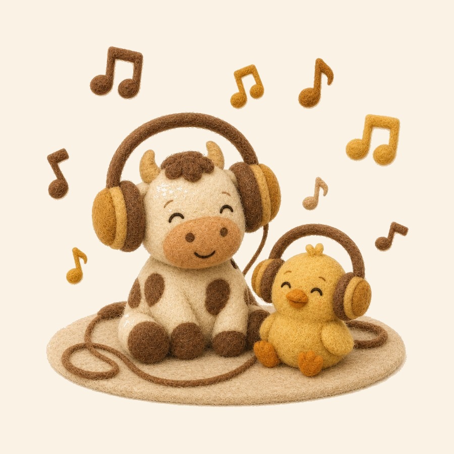 Televisor de fieltro con personajes infantiles y notas musicales