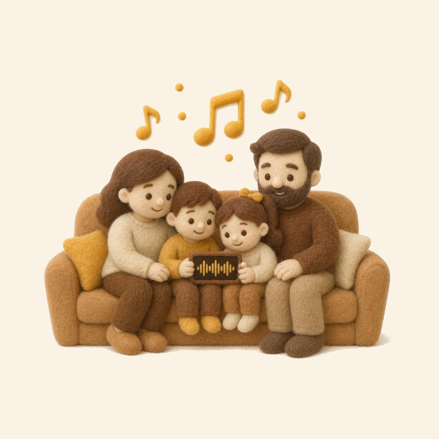 Familia de fieltro escuchando música infantil con auriculares