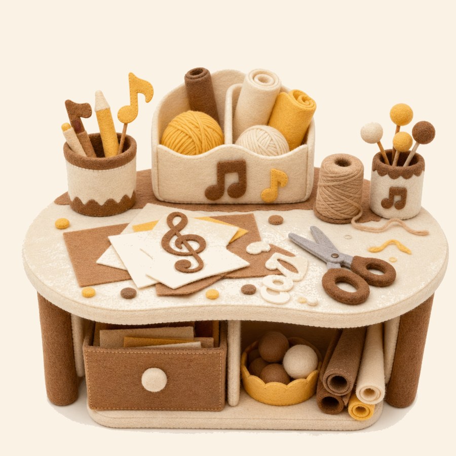Mesa creativa con ideas musicales de fieltro