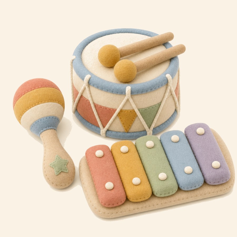 Instrumentos suaves para bebés: tambor, sonajero y xilófono de fieltro
