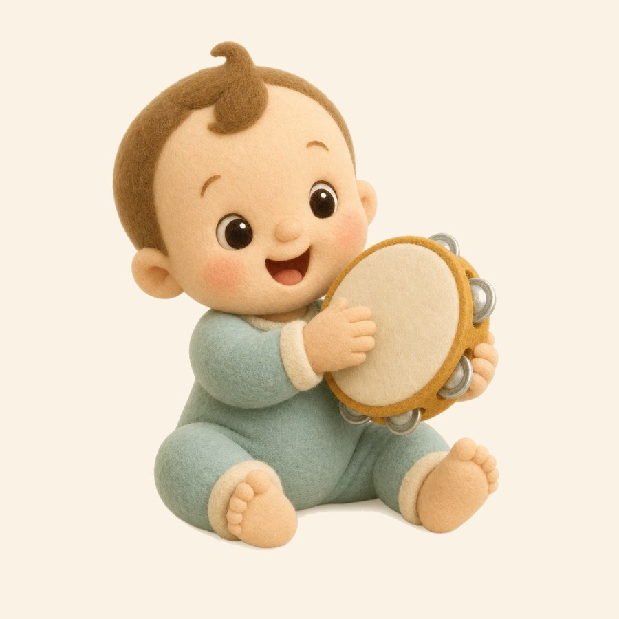 Bebé tocando un pandero de fieltro con alegría
