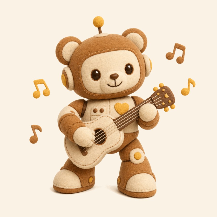 Osito robot amigable creando música con notas de fieltro