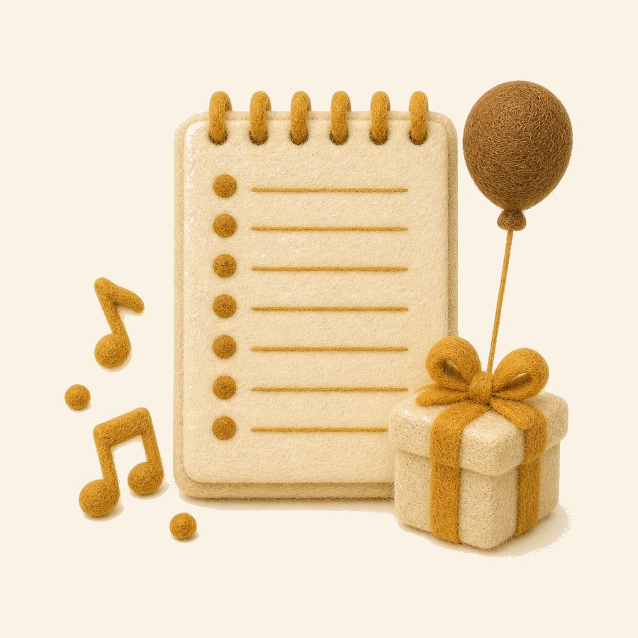 Baby shower de fieltro con regalos, globos y notas musicales