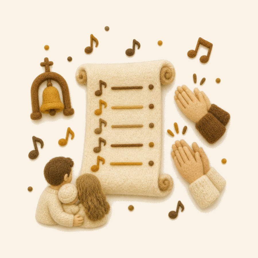 Lista de reproducción de fieltro con campana, notas musicales y manos aplaudiendo en un bautizo