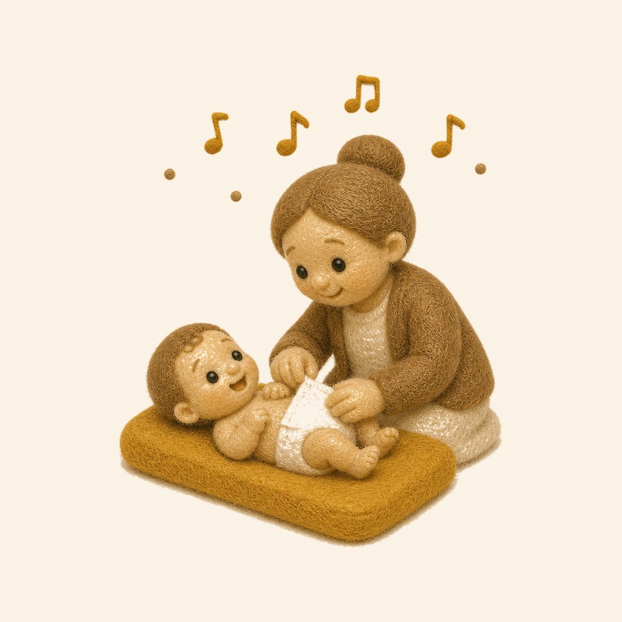 Adulto de fieltro cambiando el pañal del bebé con notas musicales