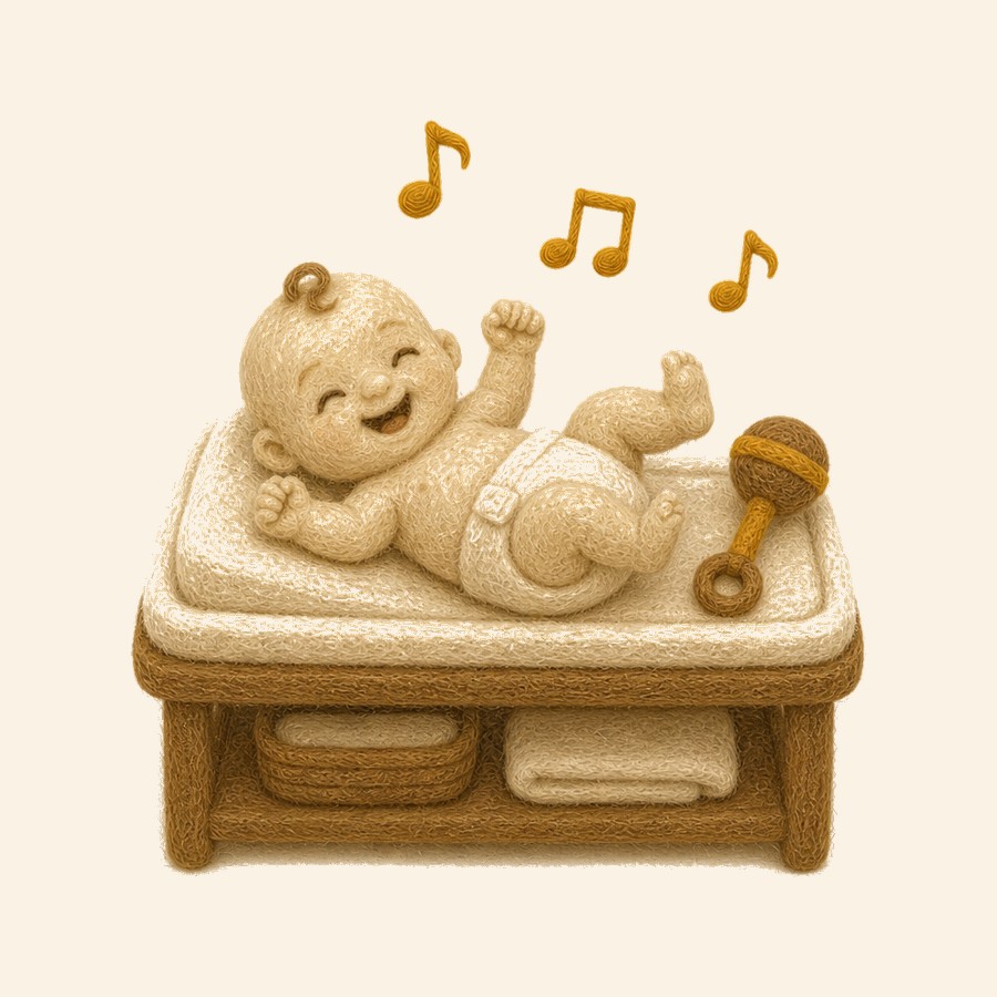 Bebé de fieltro en cambiador con sonajero y notas musicales