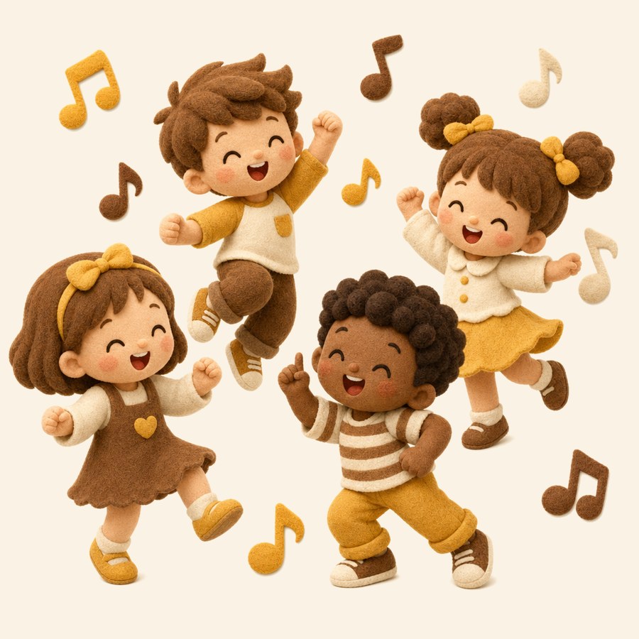 Niños bailando con alegría y notas musicales de colores