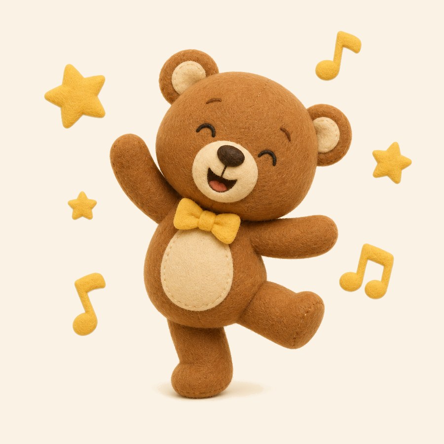 Osito bailando con energía y estrellas de fieltro