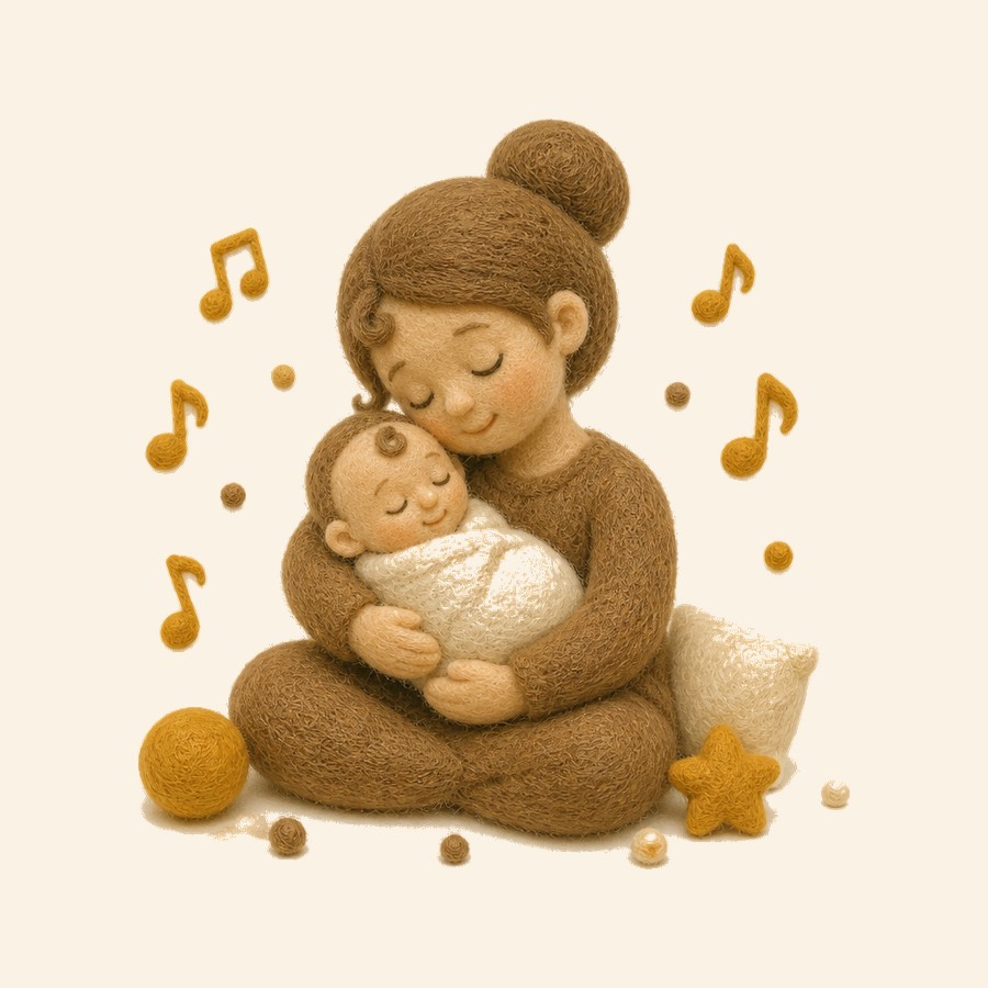 Adulto de fieltro meciendo al bebé con notas musicales suaves