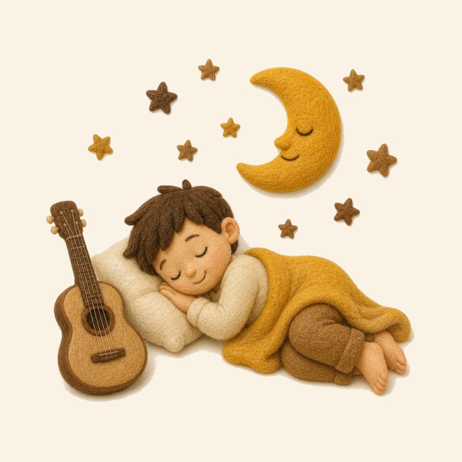 Niño escolar de fieltro durmiendo con auriculares y luna