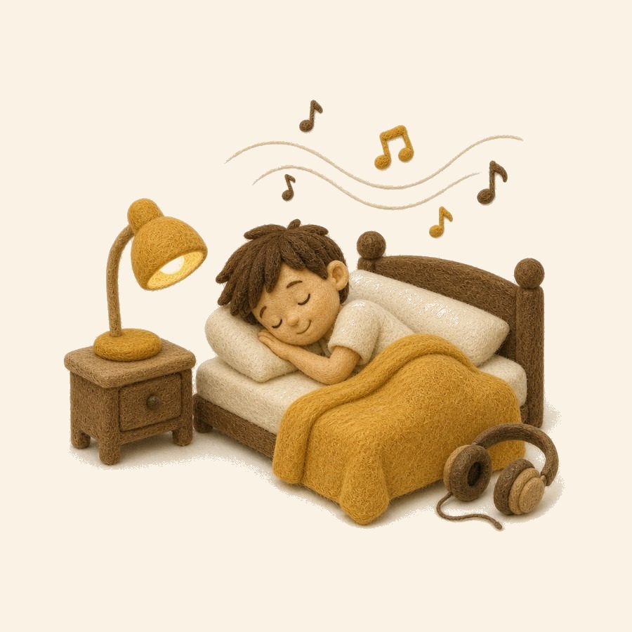 Rutina nocturna escolar con libros, pijama y notas musicales de fieltro