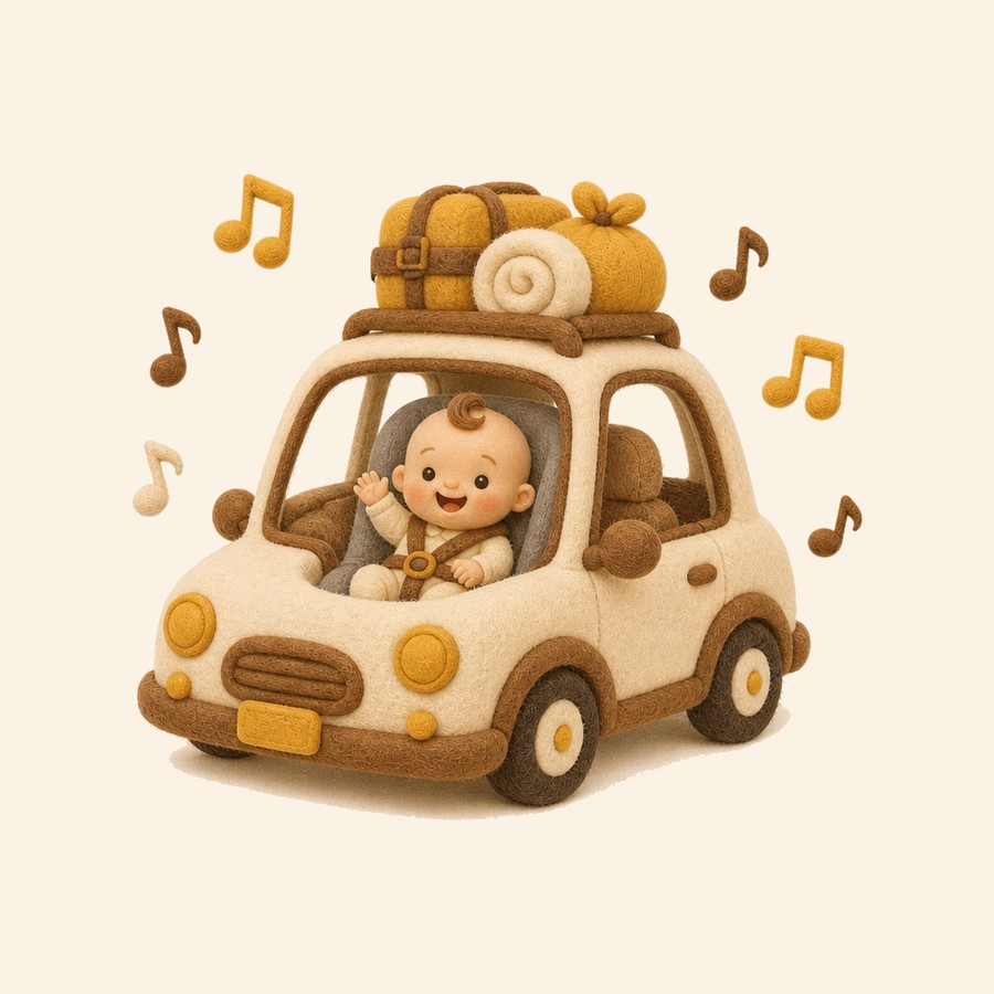 Bebé en el auto con playlist musical de fieltro