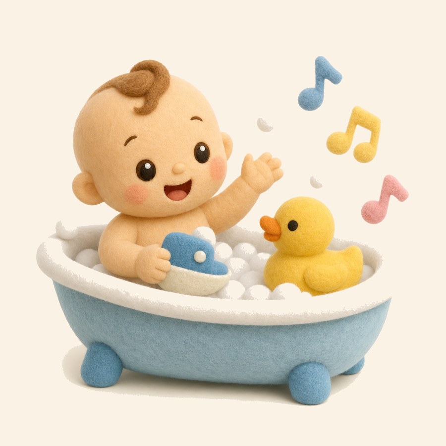Hora del baño del bebé con patito de goma y notas musicales
