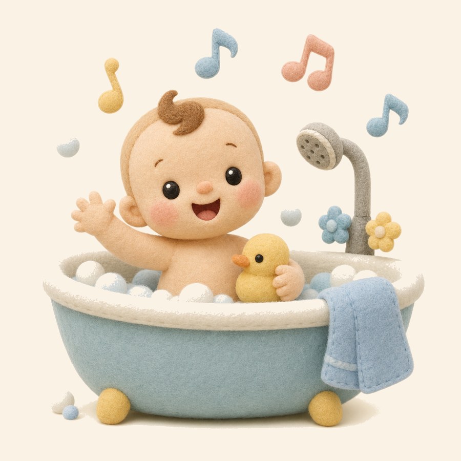 Bebé feliz en la bañera con notas de canción suaves