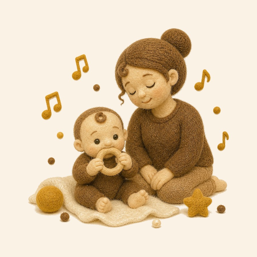 Bebé de fieltro con un mordillo mientras suena una melodía suave