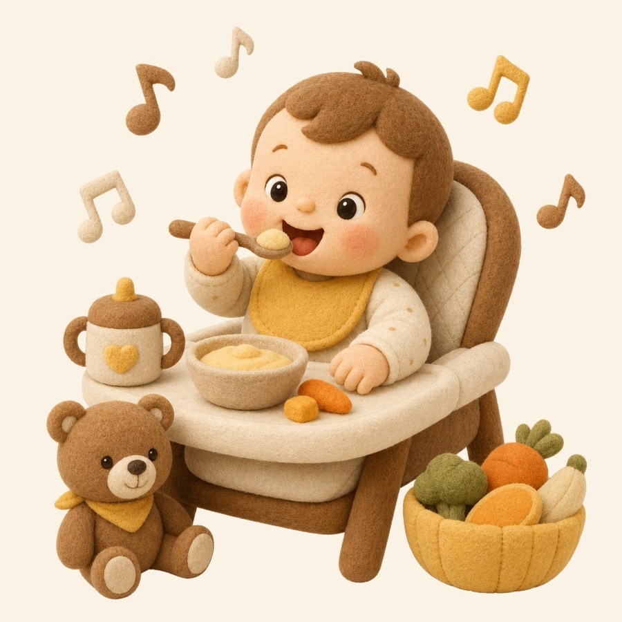 Bebé en silla alta durante la comida con notas musicales suaves