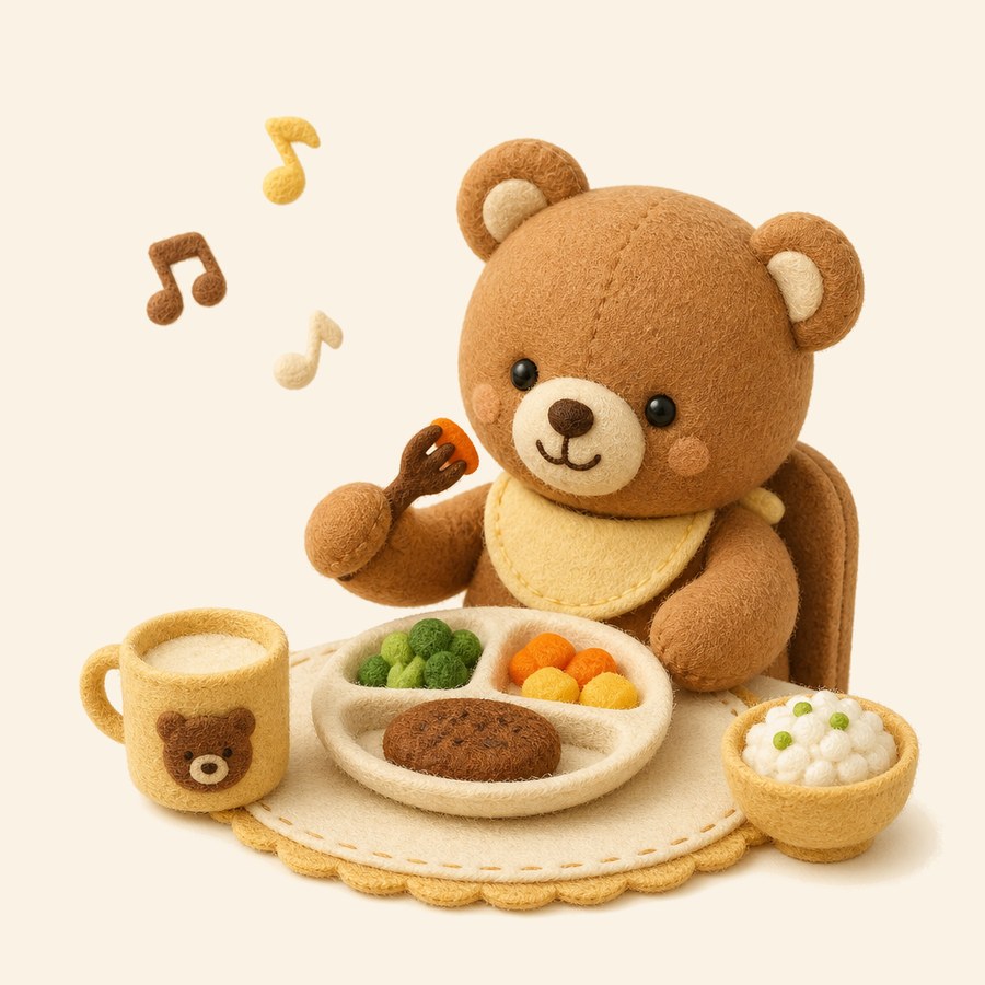 Osito compartiendo la comida con música suave