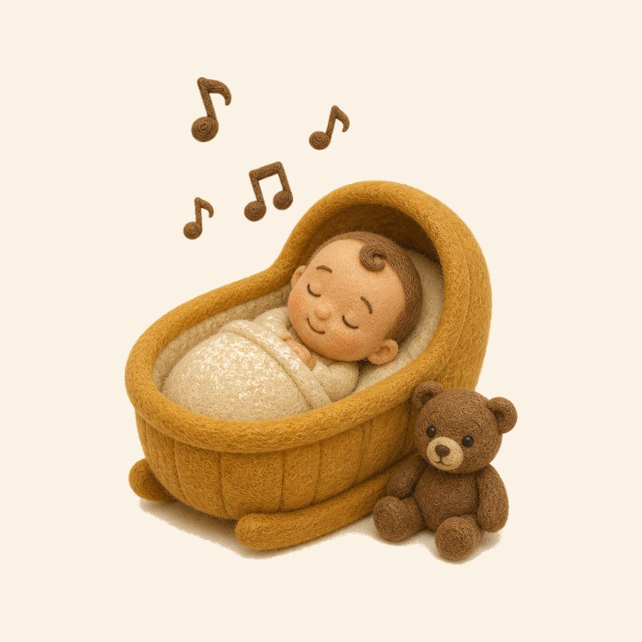 Bebé de fieltro durmiendo la siesta en cuna con notas musicales