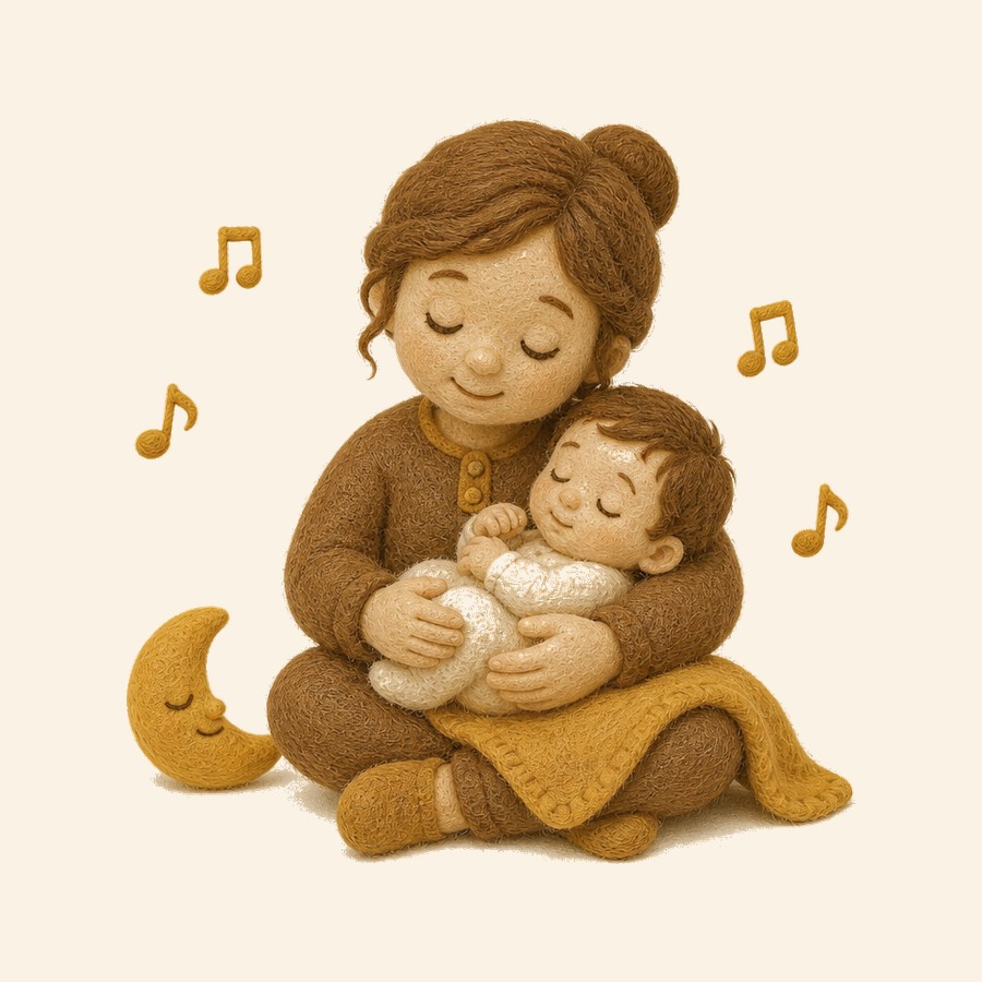 Adulto de fieltro meciendo al bebé para la siesta con nana suave