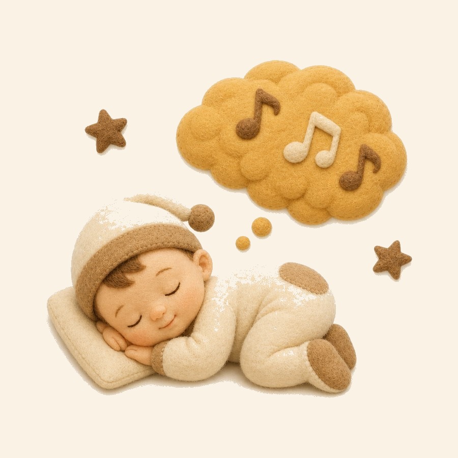 Niño dormido con melodía suave y luna de fieltro