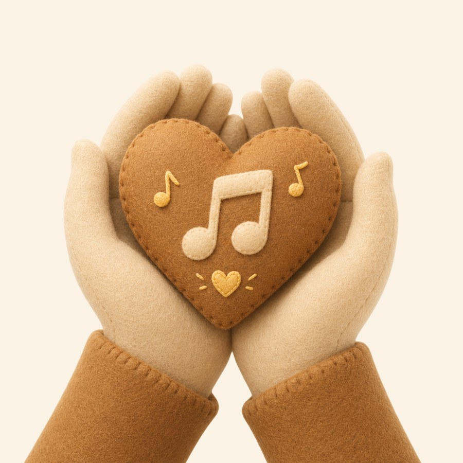 Manos protectoras y corazón musical de fieltro