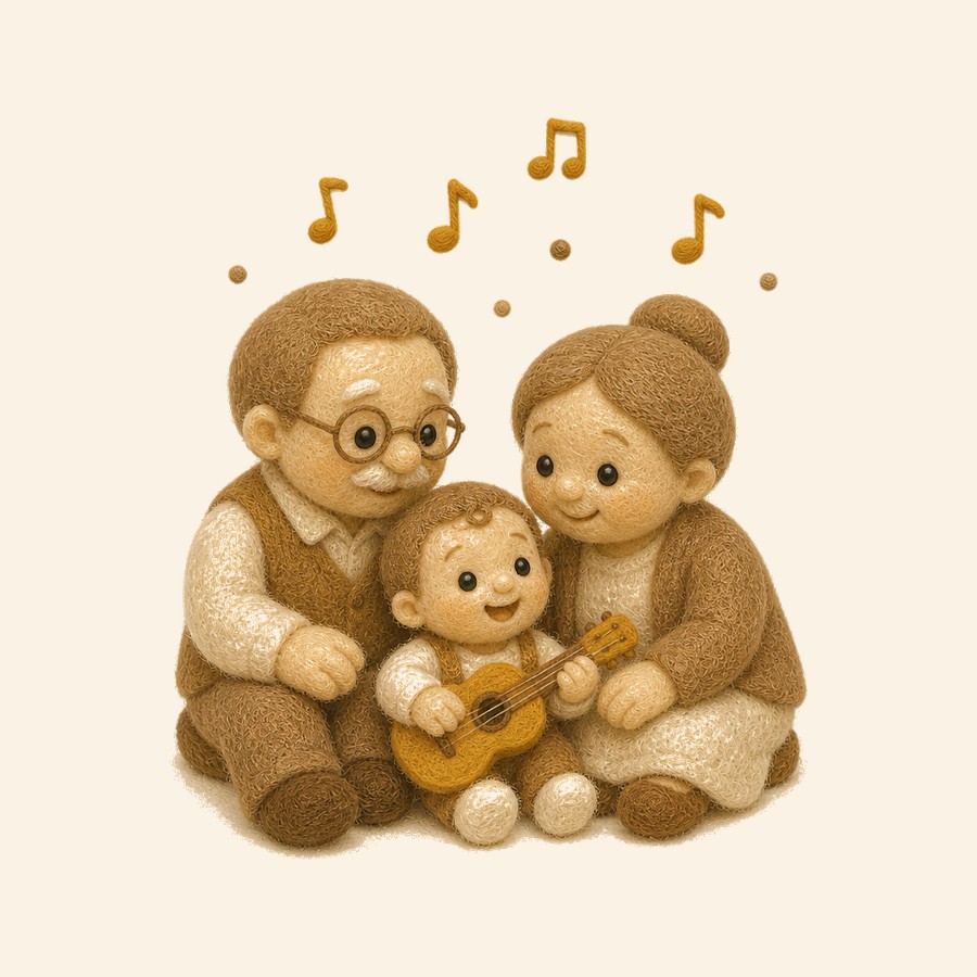 Abuelos de fieltro con su nieto y notas musicales cálidas