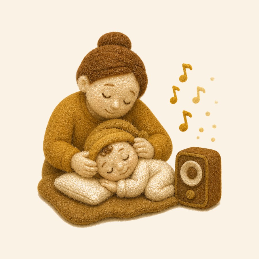 Adulto de fieltro cuidando los oídos del bebé cerca de música