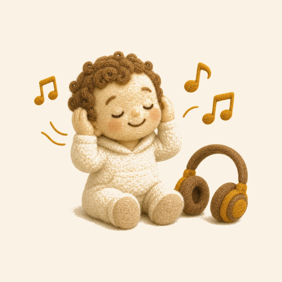 Niño de fieltro escuchando música con auriculares suaves
