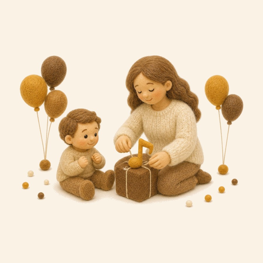 Adulto de fieltro envolviendo un regalo con una nota musical para el bebé