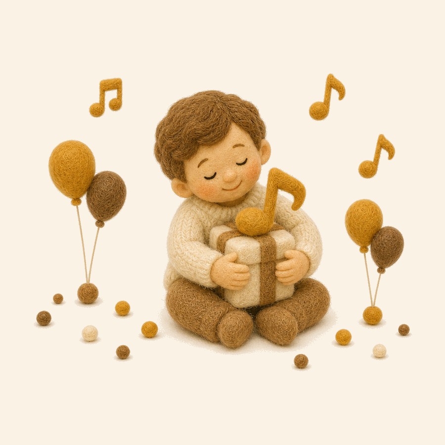 Bebé de fieltro escuchando una canción junto a un regalo