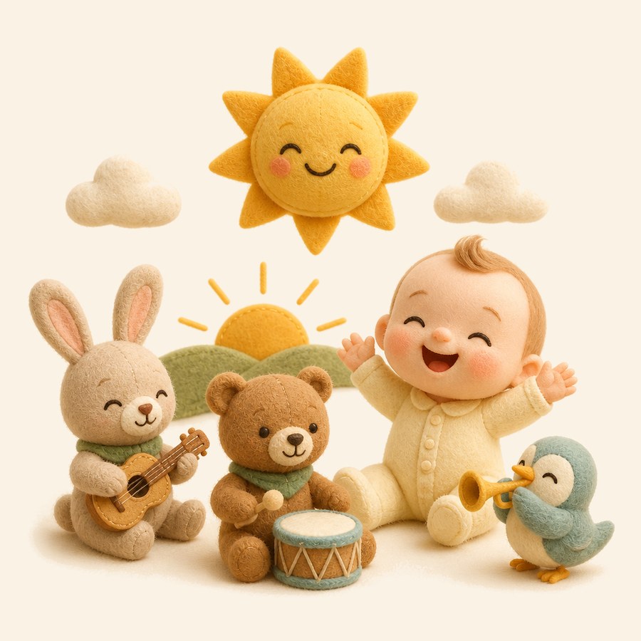 Rutina musical matutina con amanecer y bebé feliz