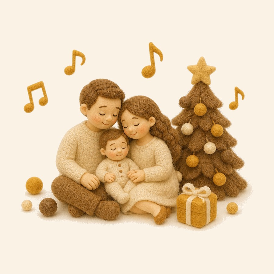 Familia de fieltro con el bebé junto a un arbolito y notas musicales
