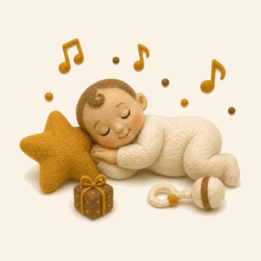 Bebé de fieltro durmiendo junto a una estrella y notas de villancico